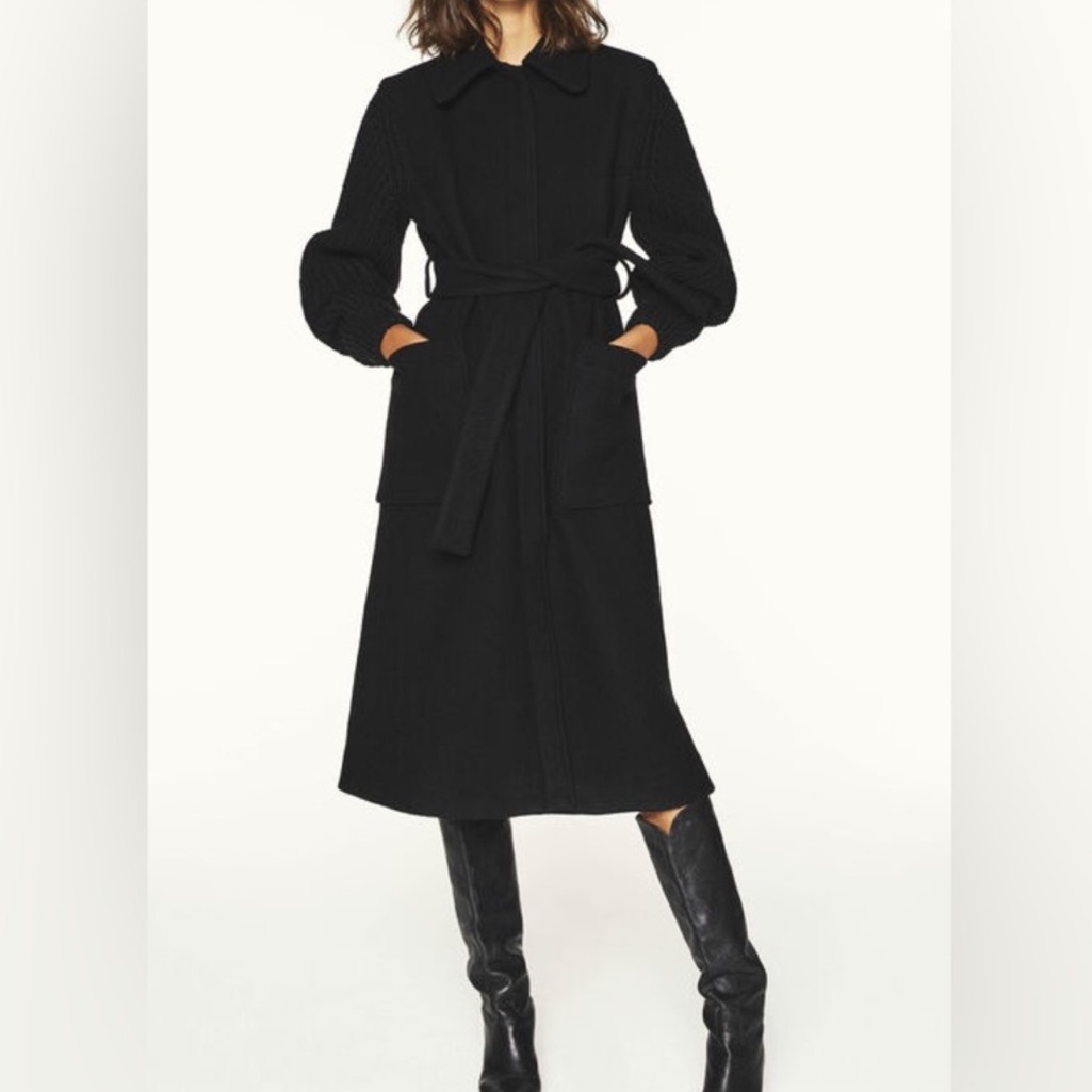 Ba&Sh Calas Cable Knit Sleeve Long Wool Coat In Black